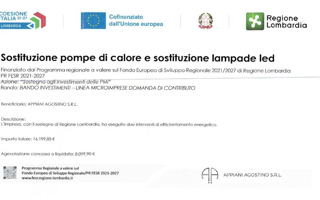FINANZIAMENTO DELL’UNIONE EUROPEA per sostituzione pompe di calore e lampade led